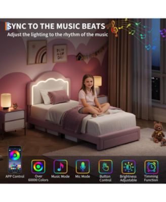 Twin Kids Upholstered Bed with LED Headboard, Plush Sherpa Fabric, Wooden Slats Support, No Box Spring Needed