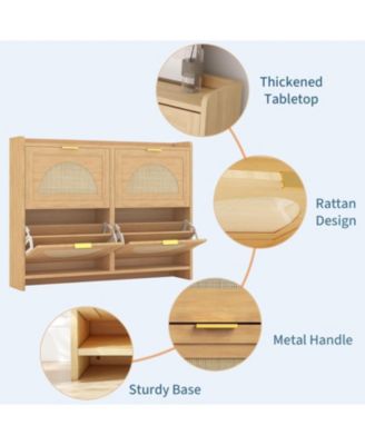 Rattan Shoe Storage Cabinet with 4 Flip Drawers, Free Standing Narrow Shoe Organizer Cabinet with Rattan Doors, Wooden Shoe Rack