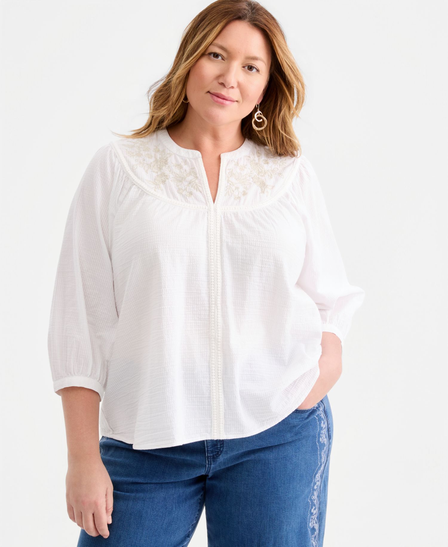Plus Size Embroidered-Floral 3/4 Sleeve Blouse