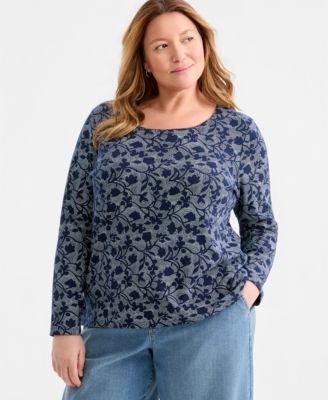 Plus Size Printed Long-Sleeve Scoop-Neck Top
