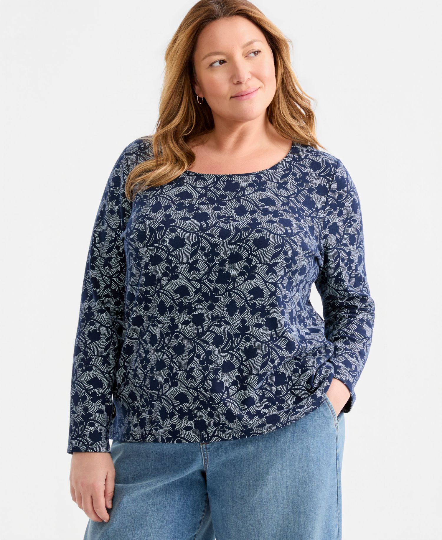 Plus Size Printed Long-Sleeve Scoop-Neck Top