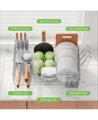 2-Tier Detachable Stainless Steel Dish Drying Rack with Cutlery Box and Cup Holder