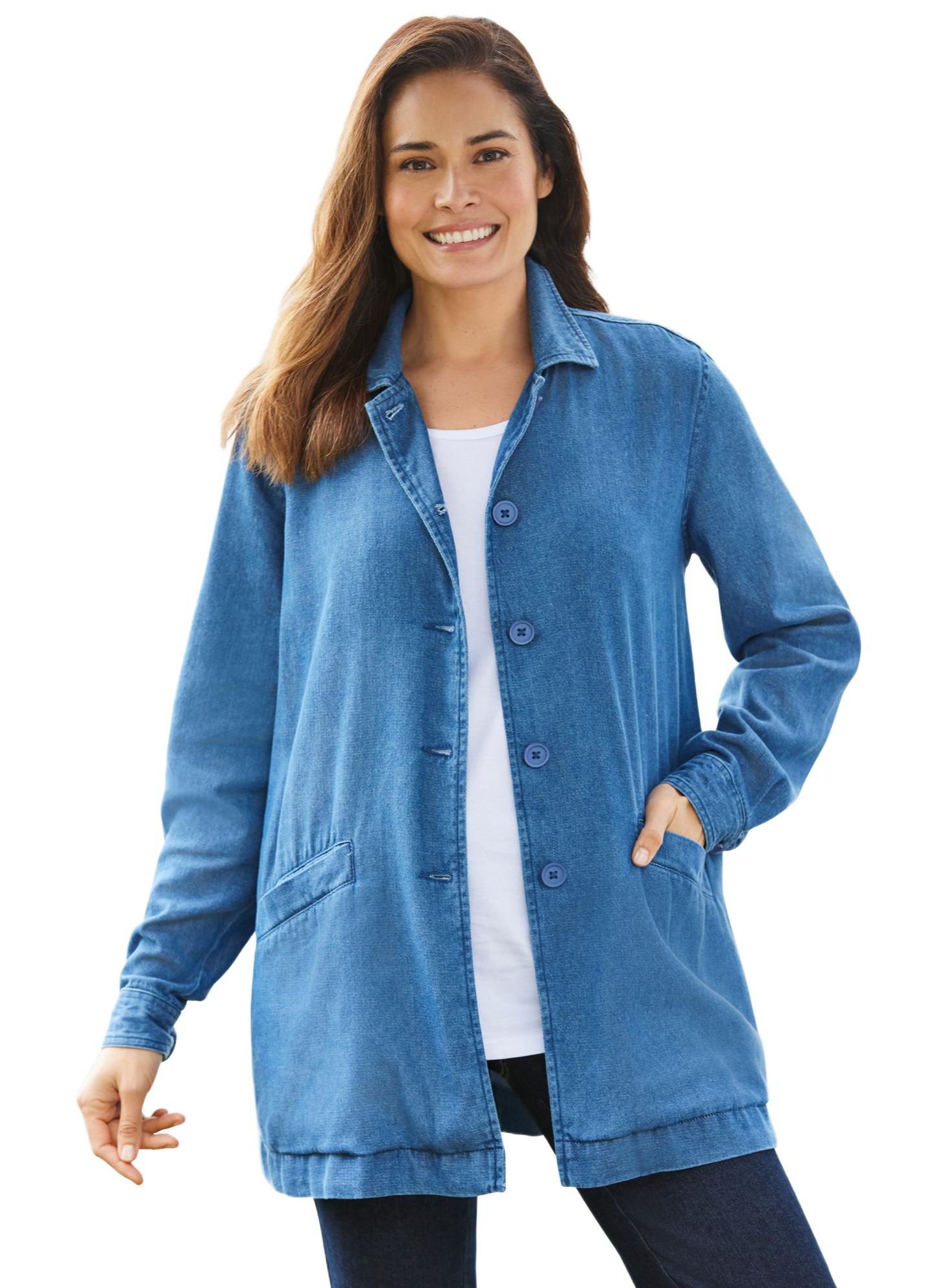 Женская куртка Woman Within Plus Size Within Pleat-Back Denim Jacket, цвет: Чёрный — фото 2
