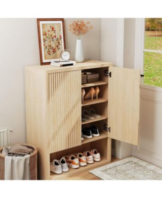 45" Freestanding Fluted Oak Shoe Cabinet with 2 Push-Release Doors
