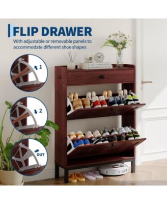 Modern Shoe Cabinet with 2 Flip Drawers, Top Drawer and   Square Handles