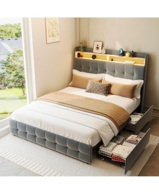 Queen Bed Frame with Headboard & 2 Storage Drawers, Upholstered Platform Bed with LED Lights, USB Charging Station
