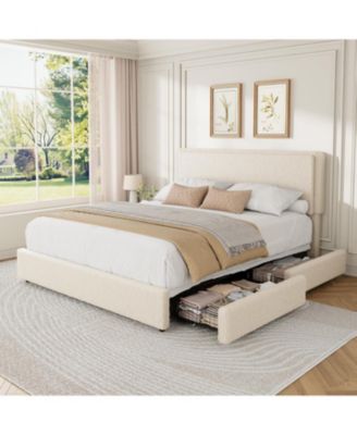 Queen Teddy Fleece Bed Frame with Storage Drawers, Upholstered Platform