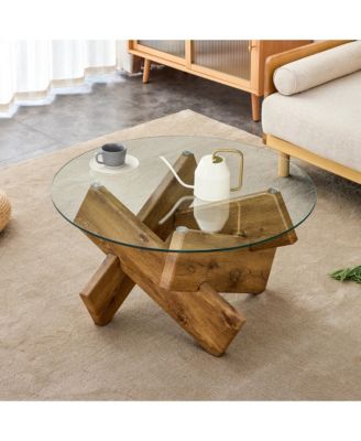 Round Glass Top Coffee Tables, Modern Unique Center Table with Crossed Wood Legs for Living Room