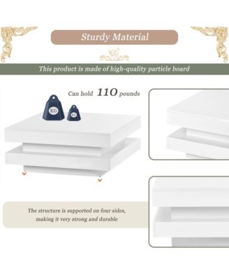 2-Tier Square Coffee Table, Modern High Gloss LED Center Table with Storage for Living Room and Home Office