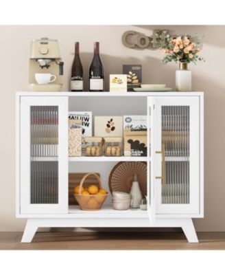 36 Inch Small Buffet Storage Cabinet with Adjustable Shelf and Fluted Glass Door Mid-Century Modern Design