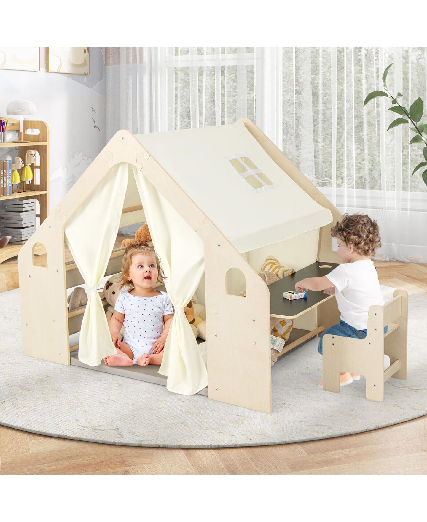 Детская игрушка Gymax 6-in-1 Wooden Kids Playhouse Play Tent, Ages 2+, цвет: Натуральный — фото 4