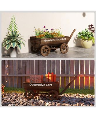 Wooden Wagon Planter Box, Mobile Garden Planter with 4 Wheels