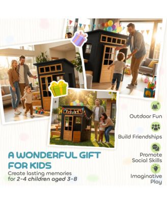 Kids Outdoor Playhouse, Wooden Kids Playhouse w/ Picnic Table