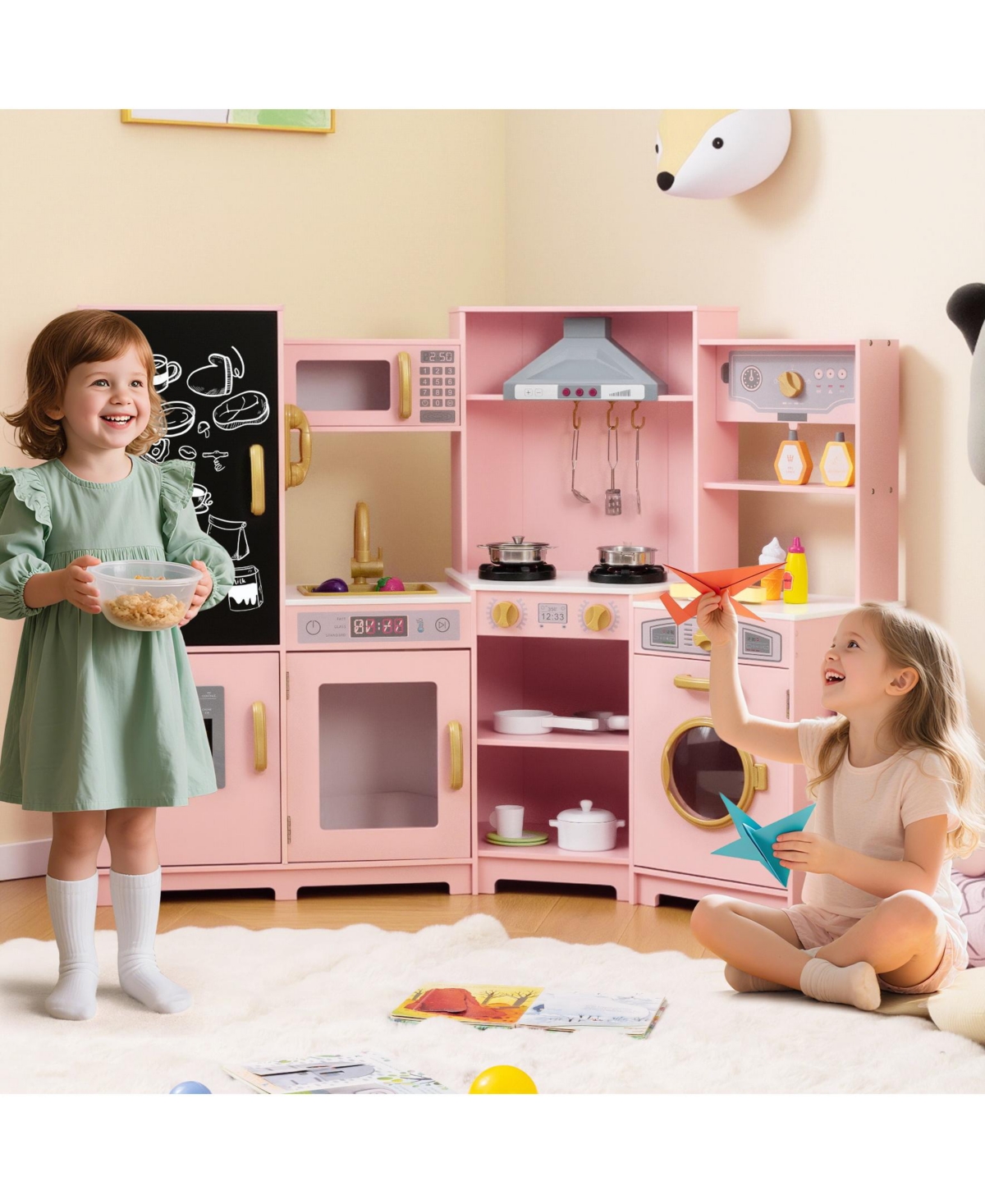 Sugift Corner Wooden Play Kitchen with Lights and Sounds Large Pretend Play Kitchen Set