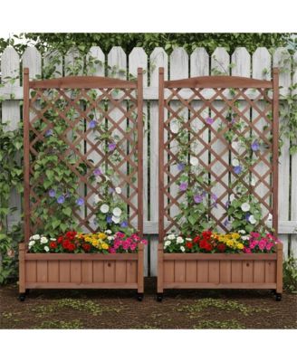 2 Pack Raised Garden Bed with Trellis, Outdoor Wooden Planter Box & Plant Stand with Climbing Racks