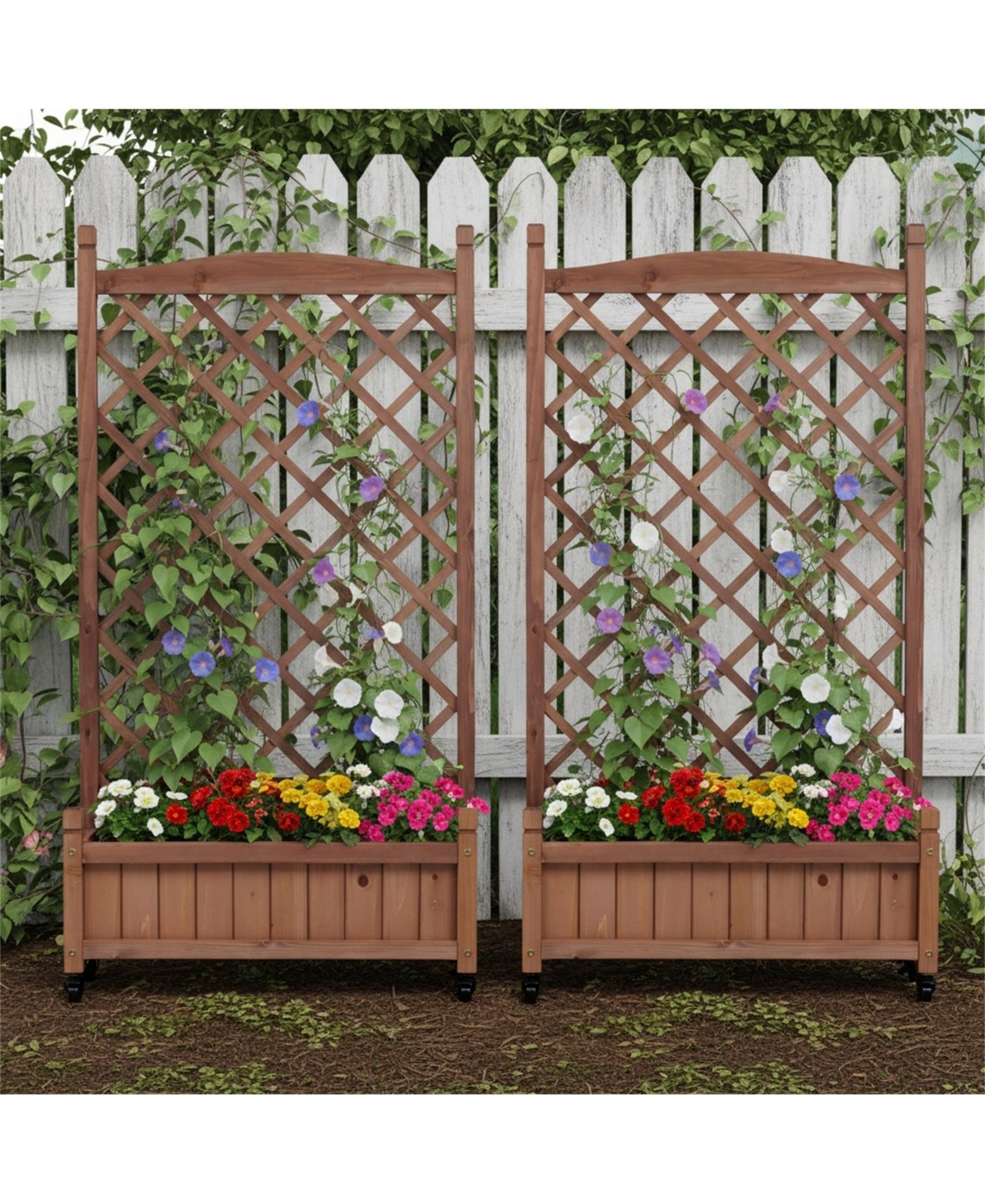 Clihome 2 Pack Raised Garden Bed with Trellis, Outdoor Wooden Planter Box & Plant Stand with Climbing Racks - Brown