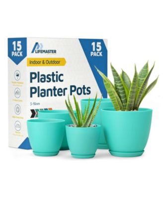 Aqua Plant Pots 15-Pack with Drainage Holes & Saucers, Stackable Space-Saving Indoor & Outdoor Planters, Durable & Weatherproof (7"-4.8)