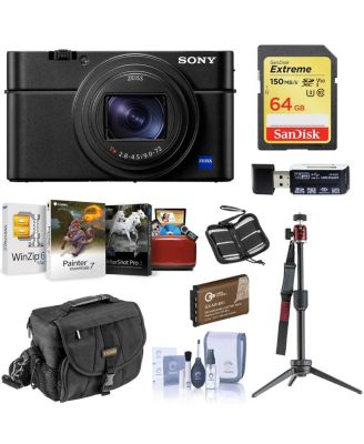 Cyber-shot DSC-RX100 VII Digital Camera - Bundle With 64GB SDXC U3 Card, Table top Tripod, Camera Case, Spare Battery, Memory Wallet, Cleaning