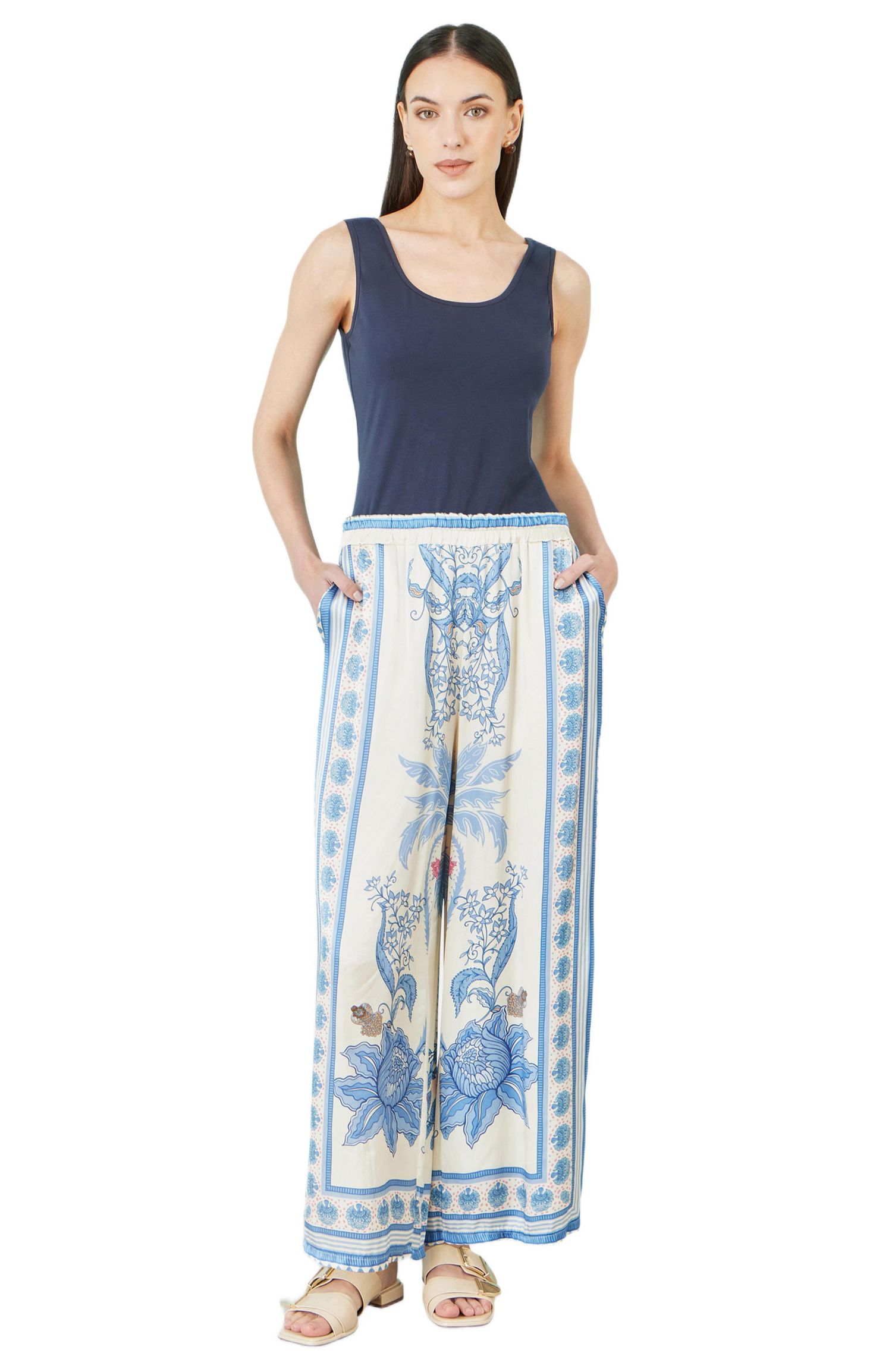 Women's Satin Print Placement Relaxed Trousers