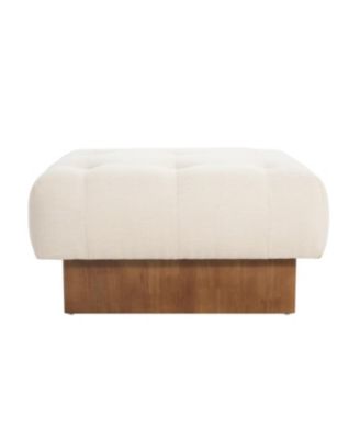 Square Upholstered Tufted Linen Fabric Ottoman, Solid Wood Legs