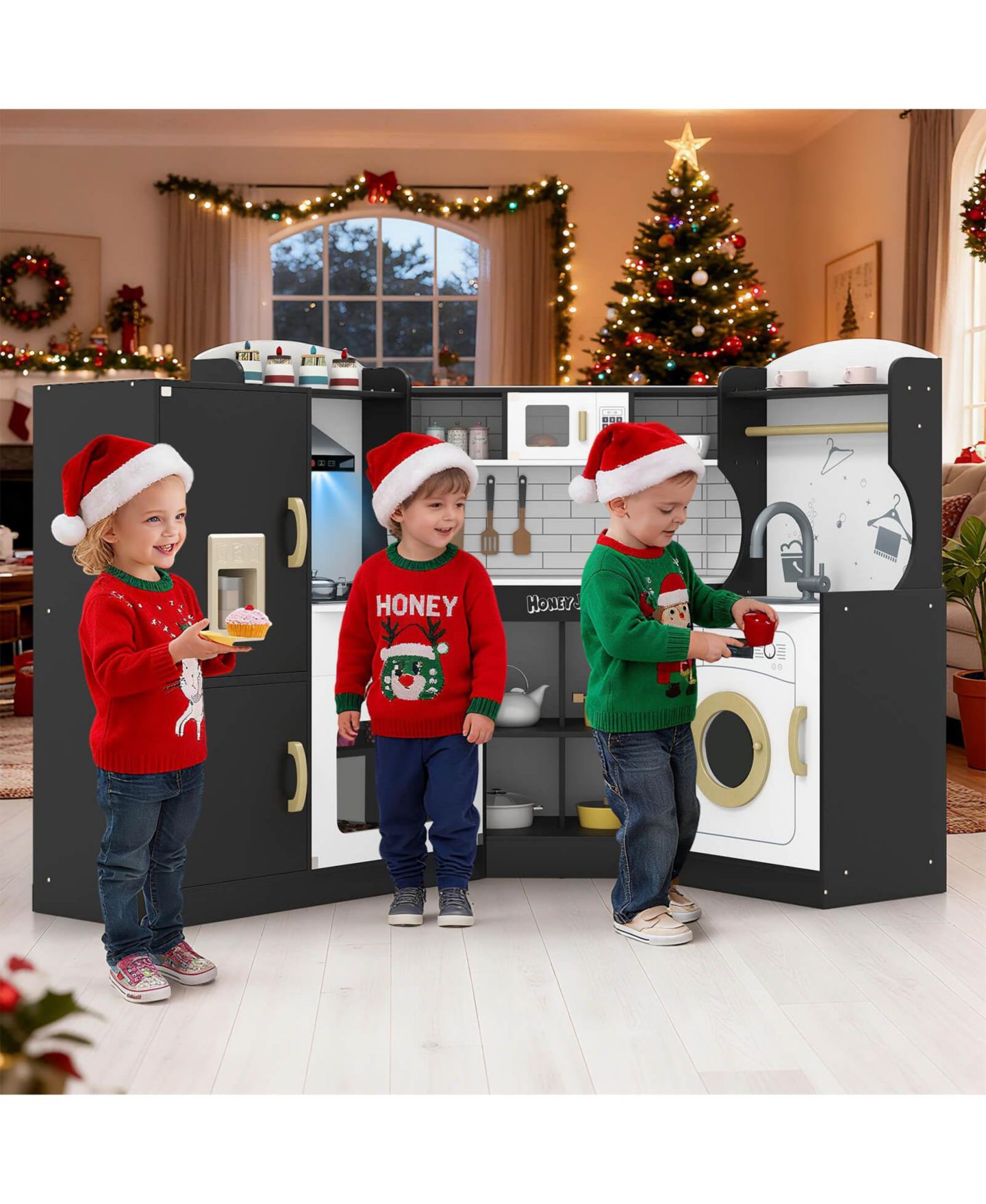 Детские игрушки Costway Corner Play Kitchen with Working Ice Maker, 13-Piece Set, Ages 3+, цвет: Чёрный — фото 2