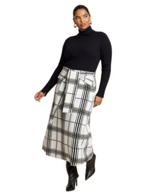 Women's Plaid Midi Sweater Skirt With Sleeve Ties