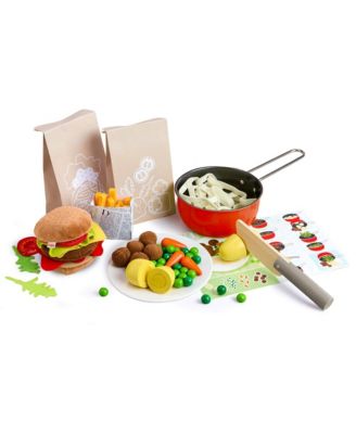 Creative Play Meal Kit Playset: Play Food for Kids Kitchen with Wooden and Fabric Ingredients and Recipe Cards, 80+ Toy Kitchen Accessories for 3