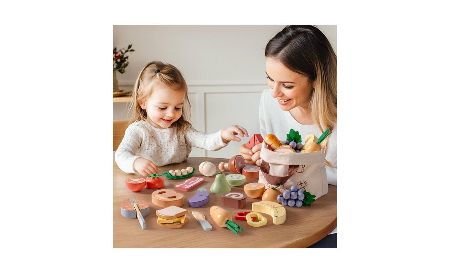 Детские игрушки Robotime Wooden Play Food 4-in-1 Cutting Set Pretend Play Toy Food for Play Kitchen with Shopping Bag Kids Kitchen Accessories for Boys Girls, цвет: Бежевый — фото 2