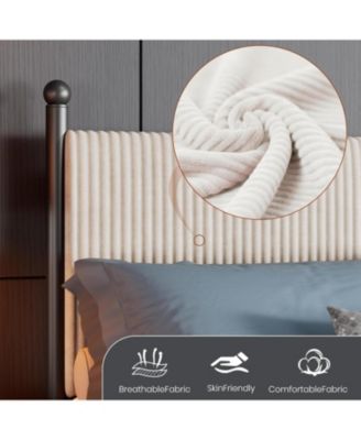 King Upholstered Bed Frame with Velvet Headboard, Corduroy Platform, Wood Slats.