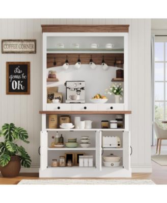 Coffee Bar Cabinet with LED Light, 72 in Tall Farmhouse Coffee Bar Hutch with Storage, Sideboard Buffet Cabinet with Microwave Stand