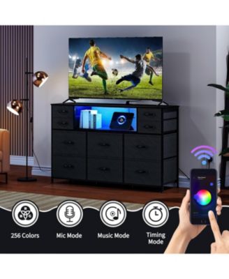 10 Fabric Drawers Dresser, Entertainment Center TV Stand with Power Outlet & LED Light for 45"-55" TV, Chest of Drawers with Wood