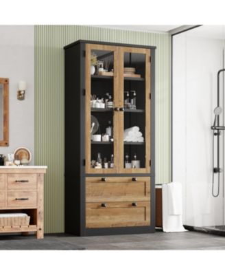 Tall Kitchen Pantry Cabinet - Modern Display Storage Cabinet with 2 Large Drawers, Glass Doors, and Adjustable Shelves