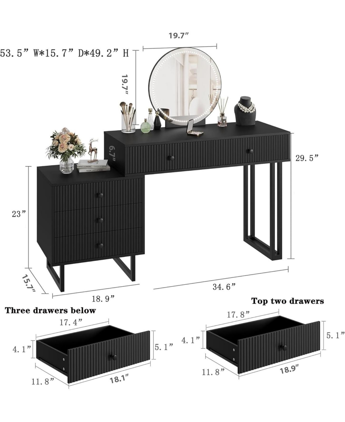 gaomon Vanity Desk with Mirror and Lights, Small Makeup Vanity with 5 Drawers for Bedroom, Modern Makeup Vanity Organizer