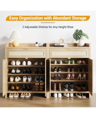 32” boho rattan shoe cabinet with doors and drawer, adjustable shelf, and wood finish—ideal as a coffee bar or accent console.