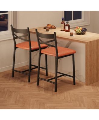 Set of 4 22" Bar Stools, Counter Height, PU Upholstered Seat, Metal Frame, X-Back, for Kitchen Island