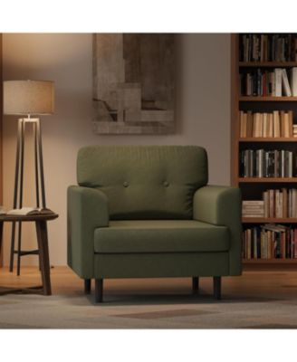 38" Mid Century Modern Green Chair, Tufted Linen, High-Density Foam, Ergonomic Arms, 350lbs, Living Room