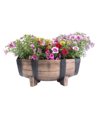 Rustic Wood- Look Plastic Half Barrel Flower Pot Garden Planter, Pack of 2