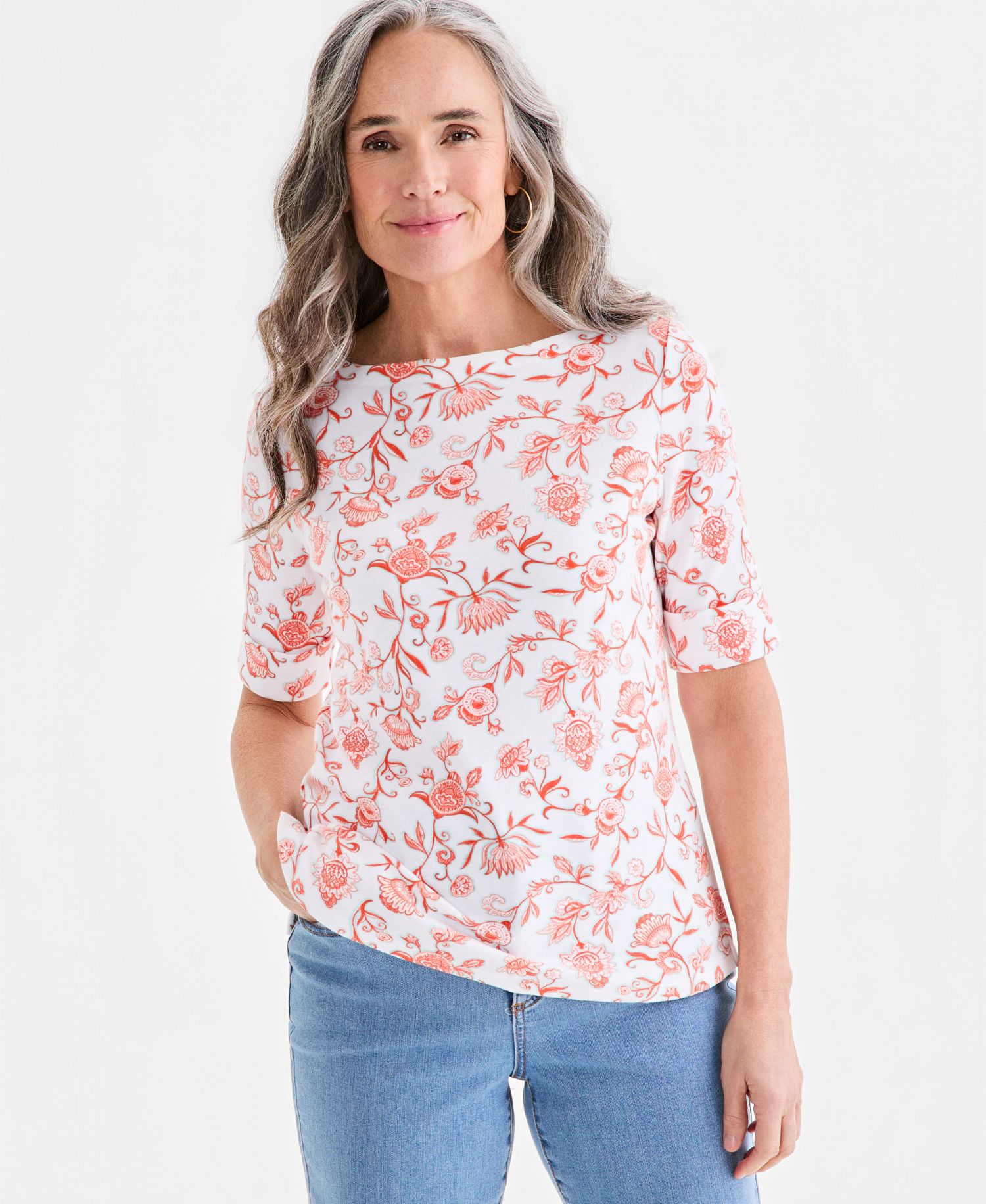Petite Elbow-Sleeve Fresh Paisley Print Boat Neck Top