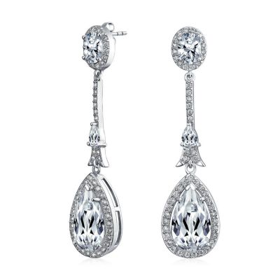 Art Deco Style Dangle Halo Blue Sapphire CZ Cubic Zirconia Teardrop Statement Chandelier Earrings