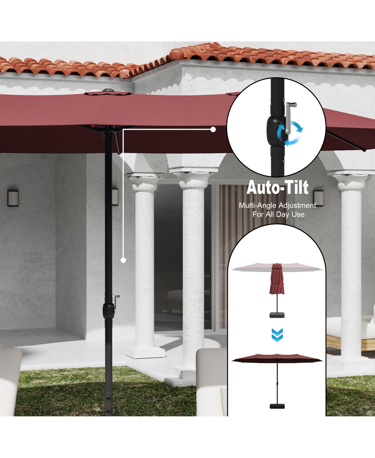 15 ft. Large Double Sided Umbrella Outdoor Patio Umbrella with Base and Sand Bag