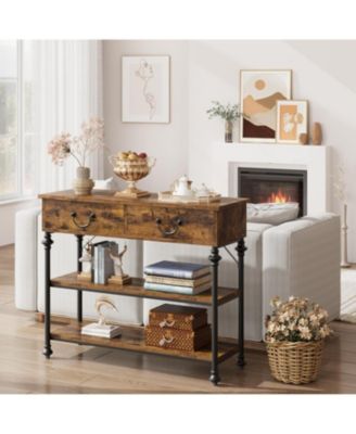 Rustic Console Table with 2 Drawers & Storage Shelves, Farmhouse Entryway Table for Home Decor