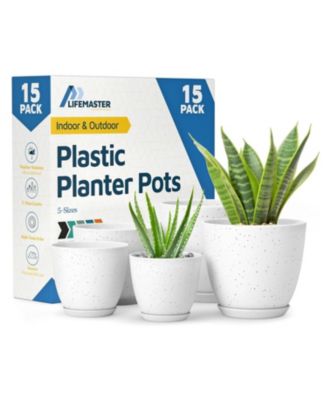 White Gray Plant Pots 15 Pack with Drainage Holes & Saucers, Stackable Indoor & Outdoor Planters for Houseplants & Flowers