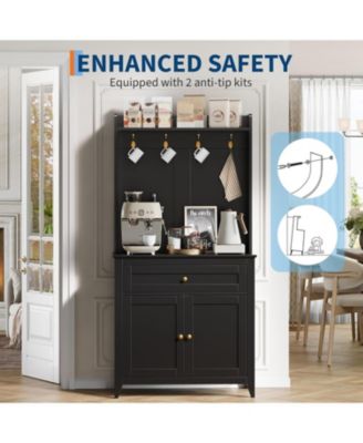 63" Pantry Cabinet with 4 Hooks, Kitchen Storage Cabinet with Charging Station, Coffee Bar Table for Living Room, Dining Room, 1 Large Drawer