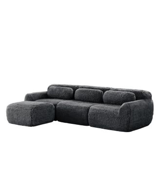L-shaped Dark Gray Plush Sofa with Ottoman, High-Density Sponge, No Assembly
