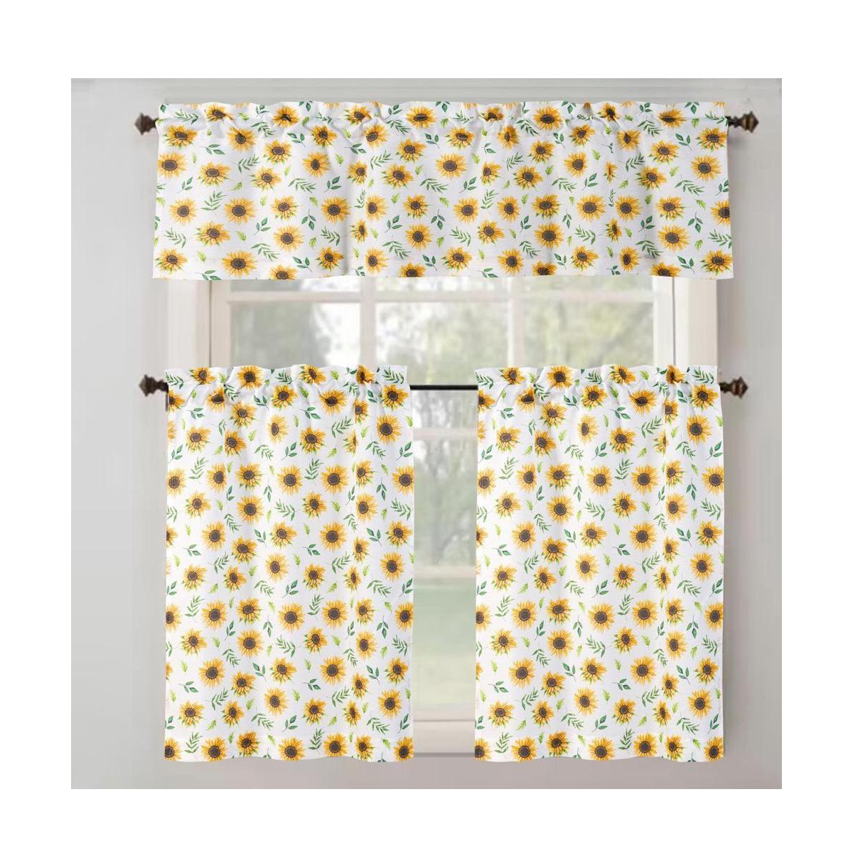 Rt Designer's Collection Tribeca Sunflower Printed Slub 3 Pieces Kitchen Curtain Set With 1 Valance