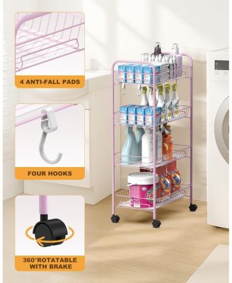 4 Tier Rolling Cart with 360degree(s)Wheels, Snack Cart, Removable Wire Baskets
