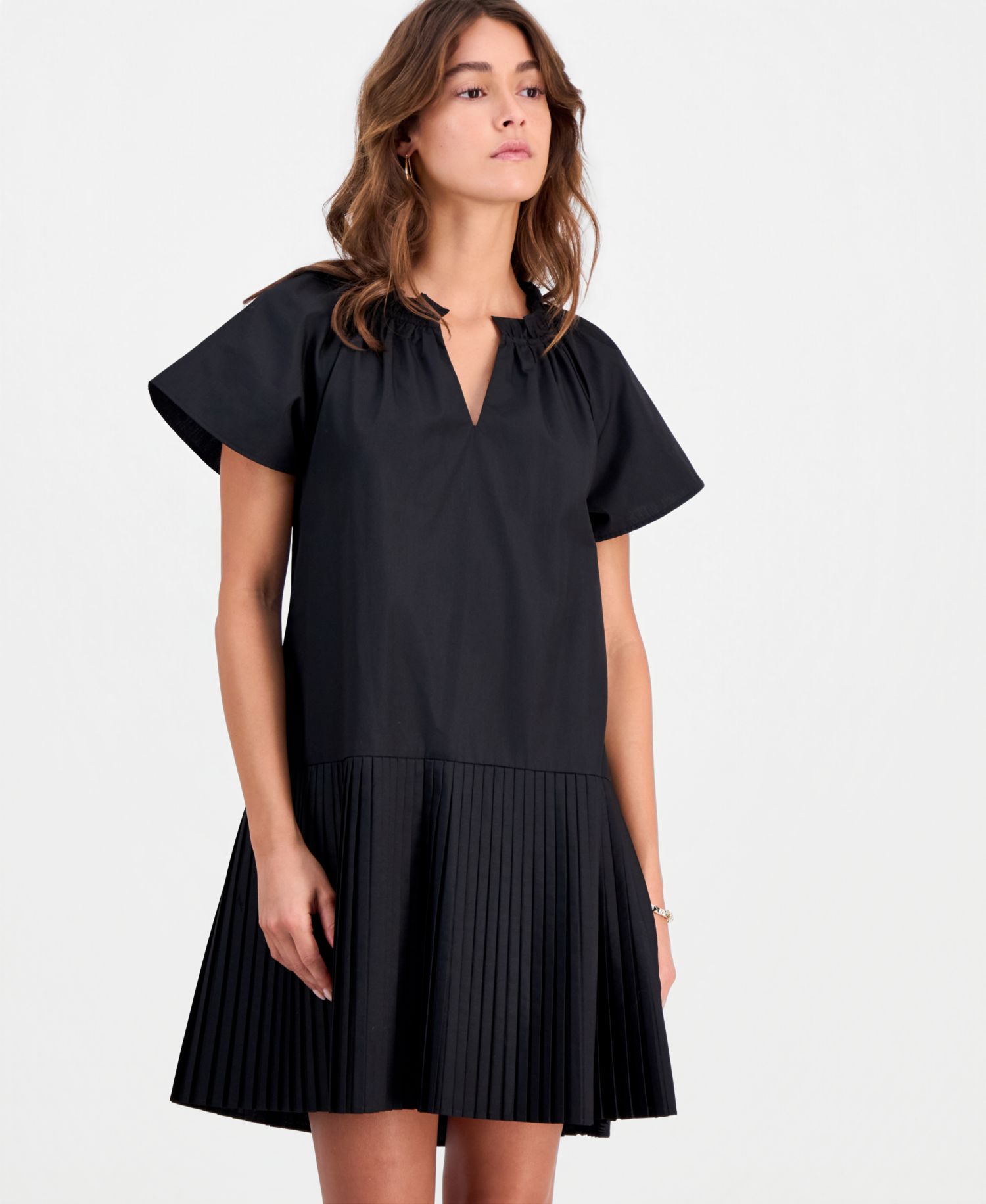 Petite Puff-Sleeve Short-Sleeve Pleat-Hem Dress