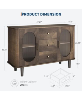 Sideboard Buffet Cabinet with Fluted Glass Doors & 3 Drawers - Modern Mid-Century Credenza Storage with Adjustable Shelves for Kitchen, Dining