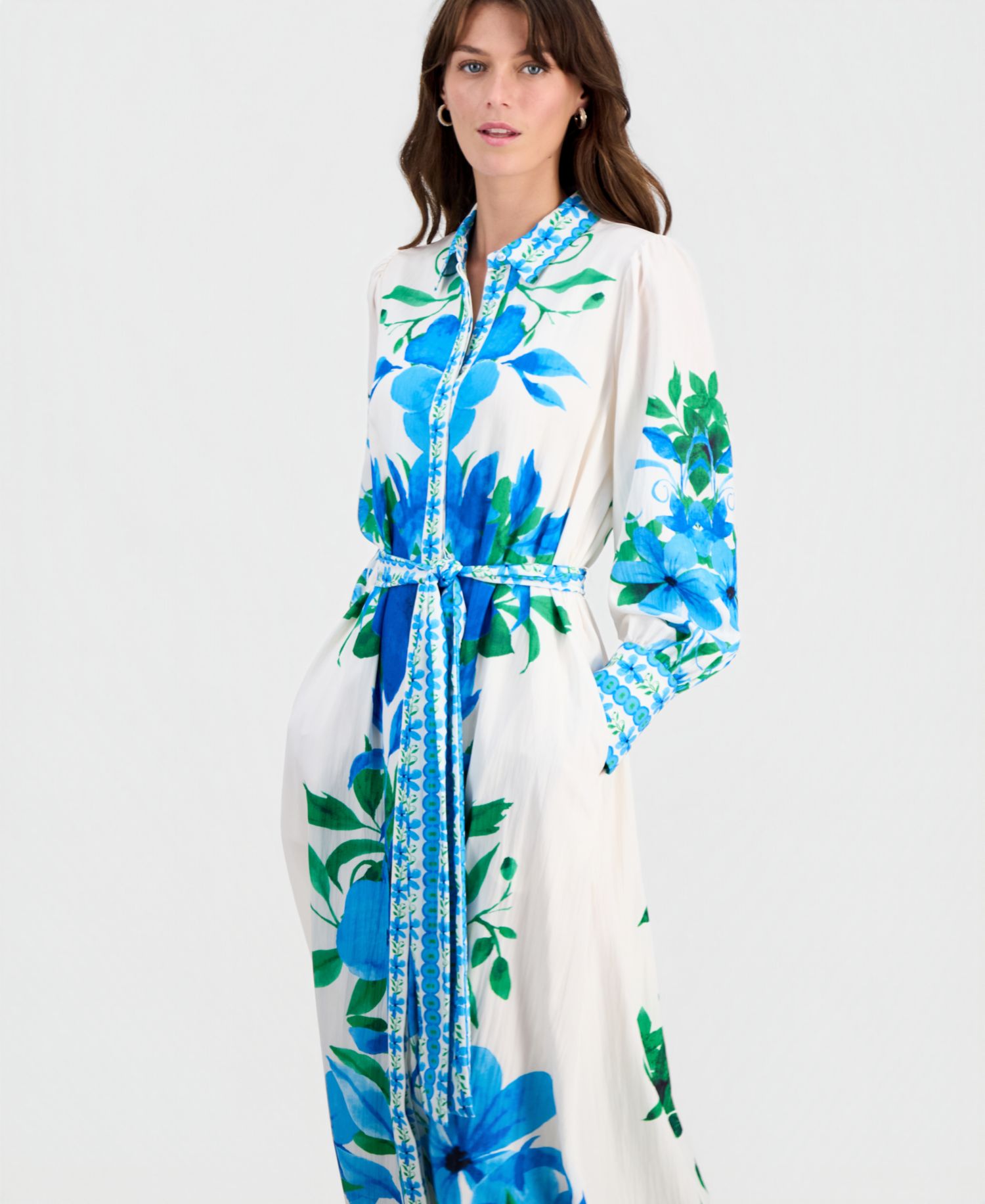 Women's Printed Tie-Waist Button-Down Maxi Dress