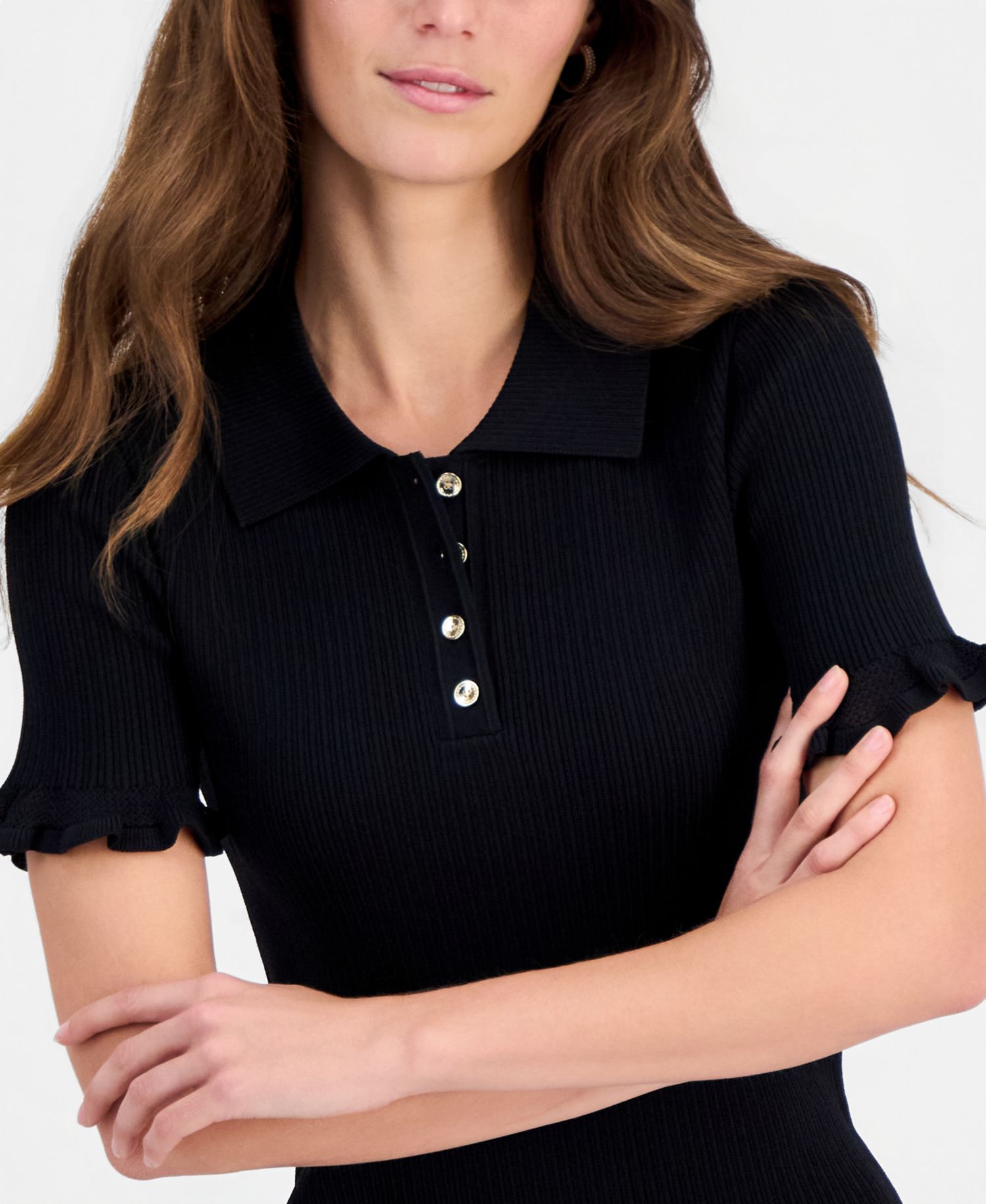 Women's Half-Placket Ribbed Ruffle-Trim Top